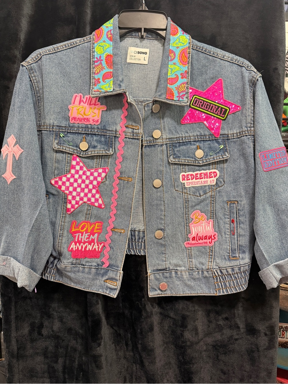Ci Sono Blue Denim Jacket with Pink Patchwork Stars & Multicolor Collar